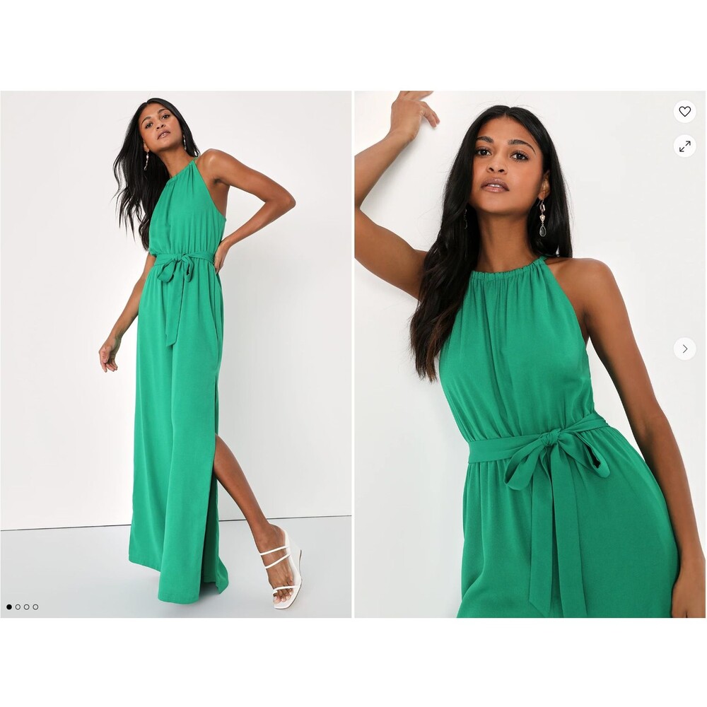 Lulus Iconic Statement Green Belted Halter Wide Leg Jumpsuit Size M Chic Elegant